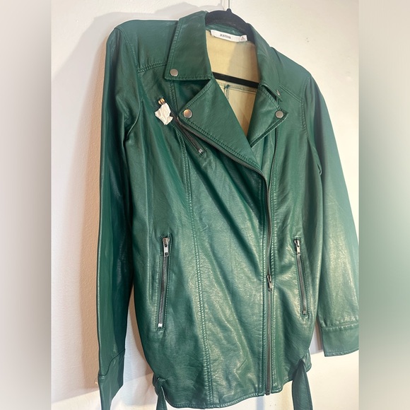 Emerald green faux leather jacket silver hardware size small Justen - Picture 3 of 6